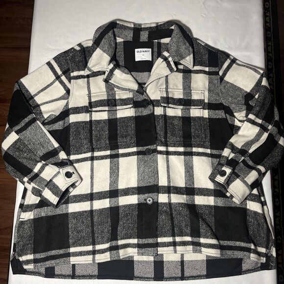 Old Navy Womens Plaid Soft Brushed Utility Shacket Size 2X Button Black White - Picture 1 of 7
